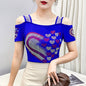 Women's Clothes New Design Sexy Off Shoulder Shiny Diamonds T-Shirts Luxury Brand Mesh Tees Tops Blouse Shirt NovaCart