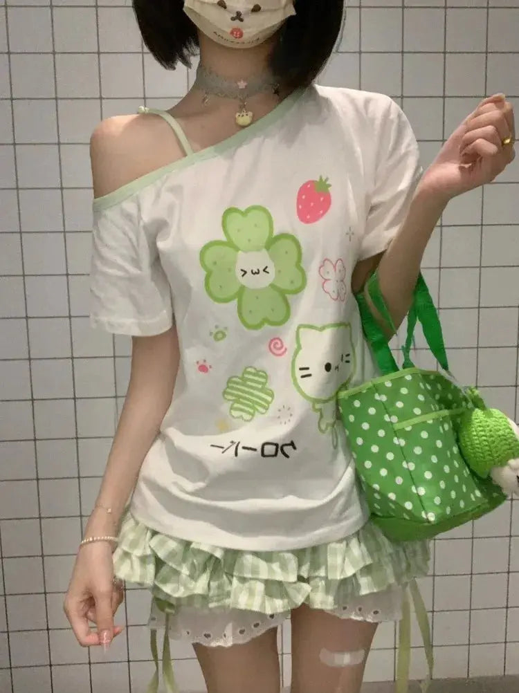 Ezgaga Harajuku T Shirts Women Cartoon Sweet Diagonal Collar Short Sleeve Off Shoulder Funny Tops Female Y2k Ladies Tshirts NovaCart