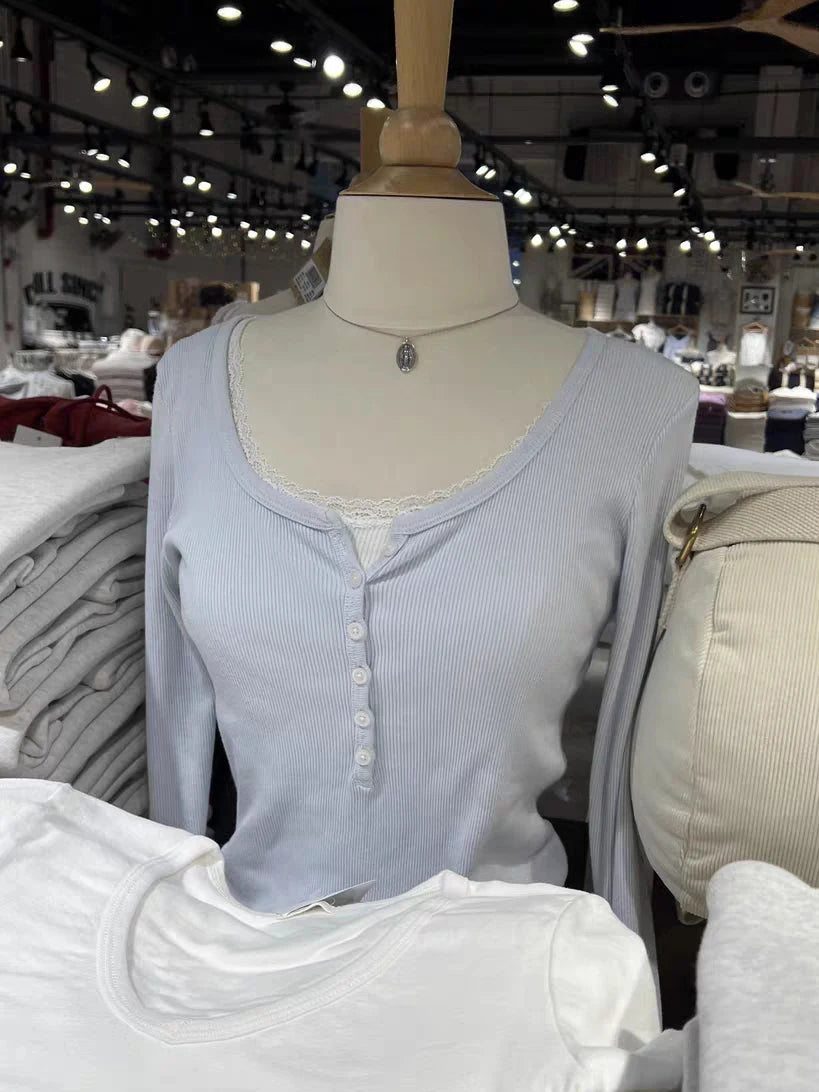 Six Buttons Ribbed Long Sleeve T-shirts Women Spring Round Neck Cotton Slim Tee Top Female Sweet Cute Pink Tshirt Y2k Tops New NovaCart