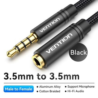 Vention Jack 3.5 Aux Extension Cable for Car Laptop Mini PC TV Xiaomi Huawei Stereo 3.5 mm Jack Headphone Speaker Cable Auxiliar Pi-Mart