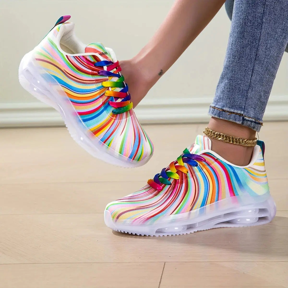 Women's Rainbow Stripe Casual Sports Shoes Summer Mesh Fashion Flat Beach and Leisure Holiday Lace-up Running Shoes for Ladies NovaCart