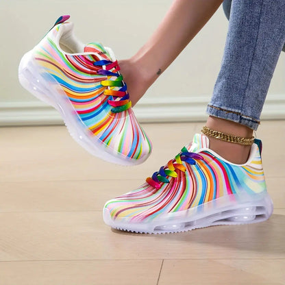 Women's Rainbow Stripe Casual Sports Shoes Summer Mesh Fashion Flat Beach and Leisure Holiday Lace-up Running Shoes for Ladies NovaCart