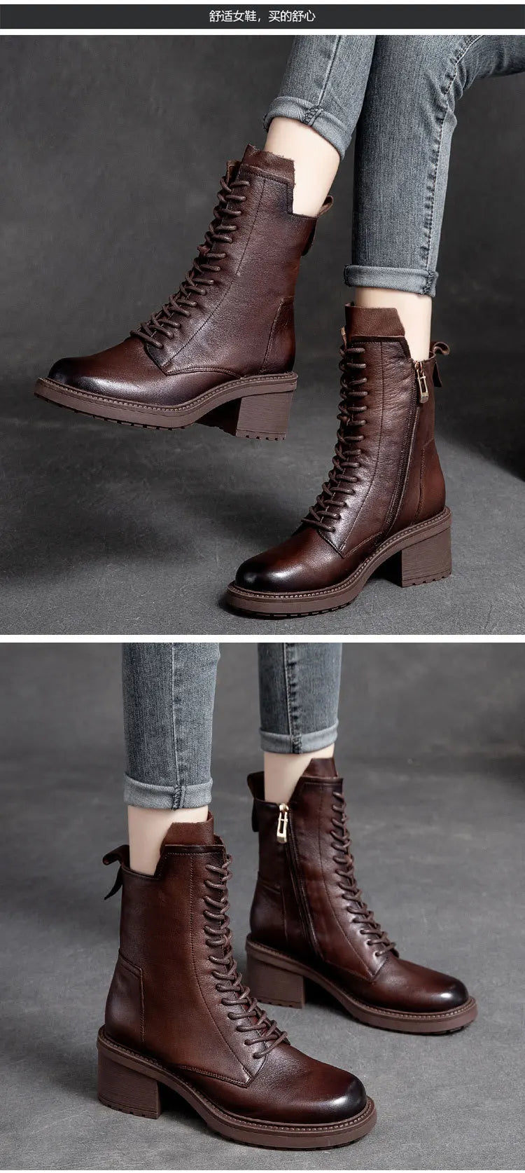 Birkuir Winter Plush Warm Boots Genuine Leather Women Snow Boots 6cm Thick Heel Shoes Handmade Side Zip Leisure Platform Boots NovaCart