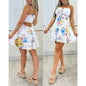 Women's Floral Spaghetti Strap Mini Dress – Cold Shoulder Ruched FitiqueFit