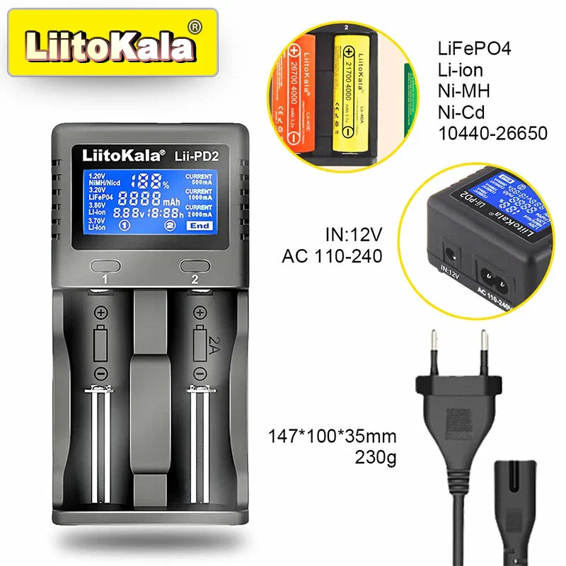LiitoKala Lii-PD4/PD2 AC PD Charger LCD Fast Charging 4/2-Bay for 21700/18650/AA/AAA Multi-Protection Auto-Detect Pi-Mart