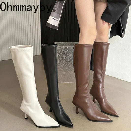 Soft Leather Pointed Toe Knee High Boots High Heels Zipper Women Pumps Ladies Long Stretch Modern Boots Pi-Mart