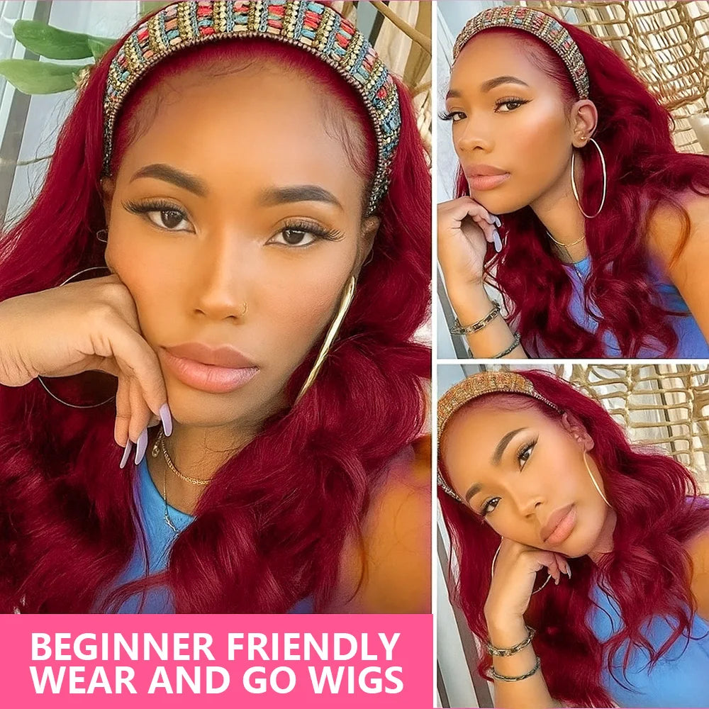 #99J Burgundy Body Wave Headband Glueless Wigs Machine Made Remy Human Hair Wig Brazilian 30 Inch 350 Ginger Human Hair Wigs