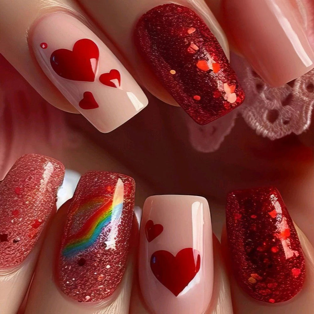 24Pcs Short Square Coffin False Nails Square Fake Nails with Glue French Glitter Wearable Acrylic Nails Set Press on Nail Tips NovaCart
