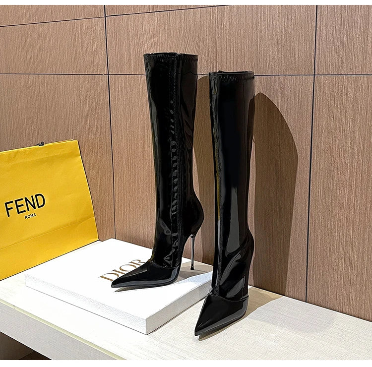 Knee-High Pointy Toe Women Boots 13cm Ultra Thin Steel High Heels Metal Heel Patent Leather Wide Calf Boots for Women Plus Size NovaCart