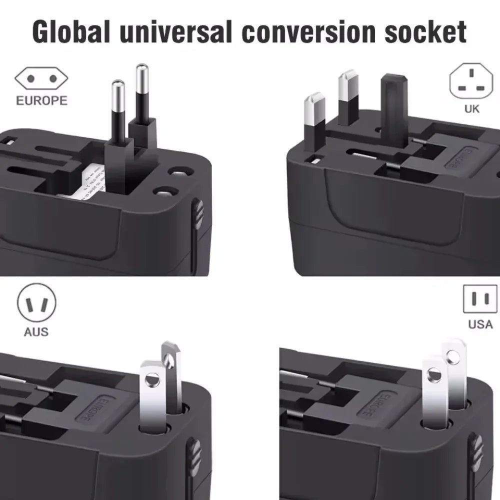 International Travel Plug Adapter EU US UK AU to Universal AC Power Converter Socket with 2 USB Ports Safety Shutter Locking Pi-Mart