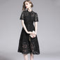 Lace Hollow Out Stand Collar Short Sleeve Dress High Waist Mid-calf Dress
