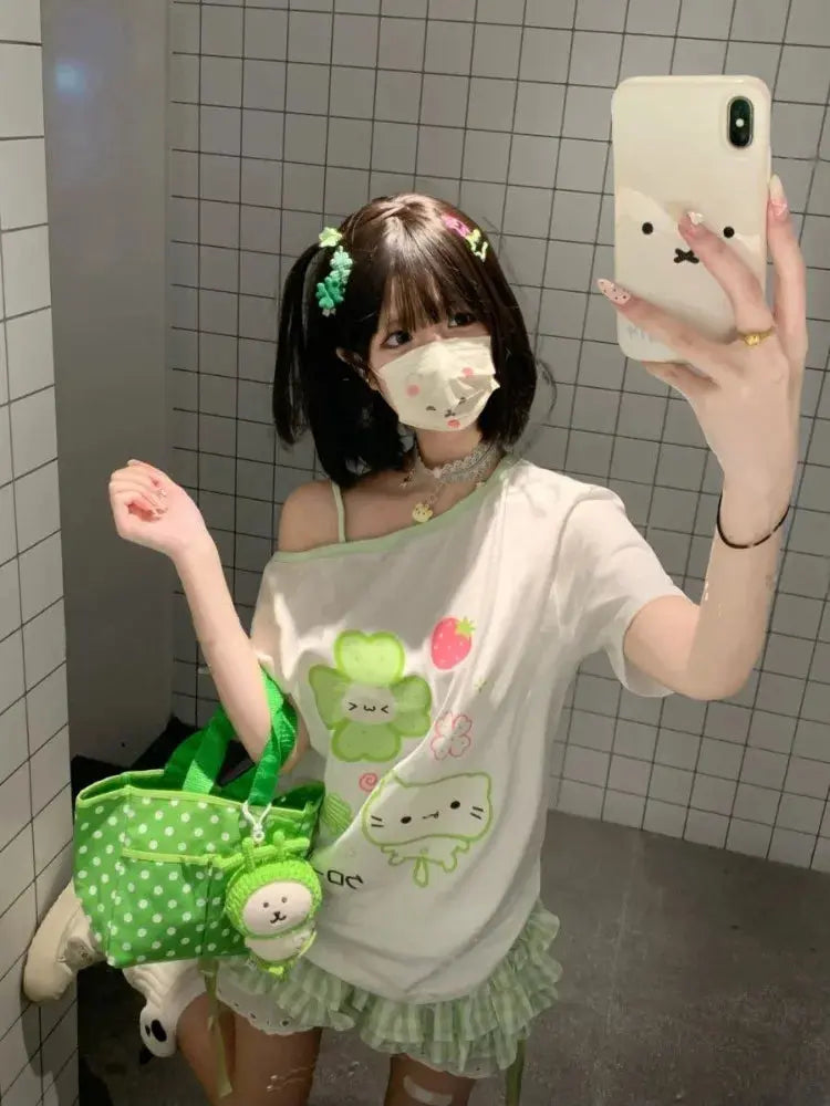 Ezgaga Harajuku T Shirts Women Cartoon Sweet Diagonal Collar Short Sleeve Off Shoulder Funny Tops Female Y2k Ladies Tshirts NovaCart