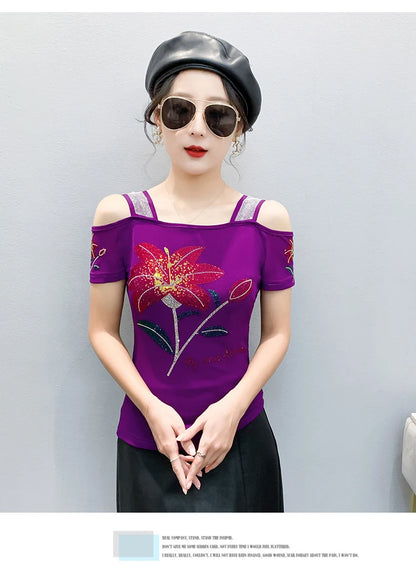 Women's Clothes New Design Sexy Off Shoulder Shiny Diamonds T-Shirts Luxury Brand Mesh Tees Tops Blouse Shirt NovaCart
