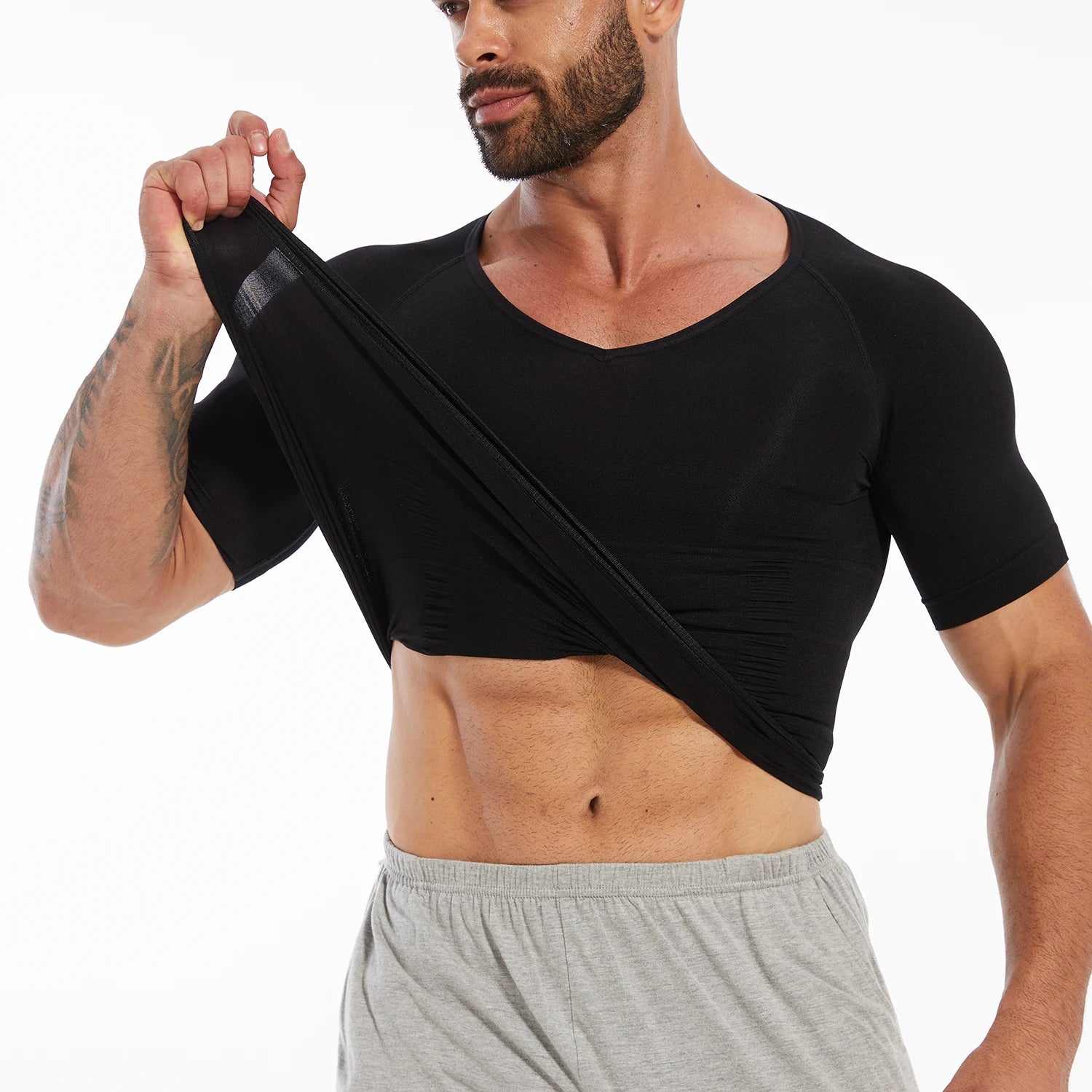 Men's Short Sleeve Compression T-Shirt V-neck Shapewear Tummy Control Flat Belly Tank Top Fitness Workout Slimming Body Shaper NovaCart