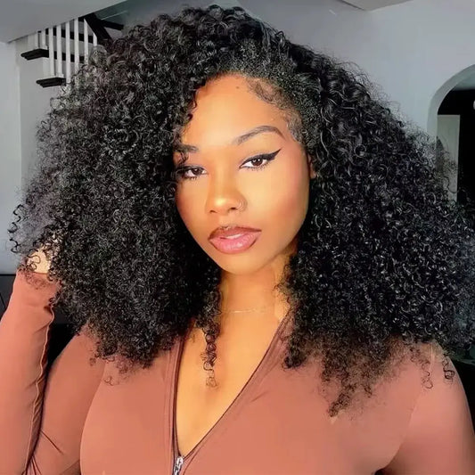 16 Inch 3 IN 1 Half Wig With Drawstring Seamless Human hair Wigs Kinky Curly Headband Wig Upgrade for Women Summer Machine Wigs NovaCart