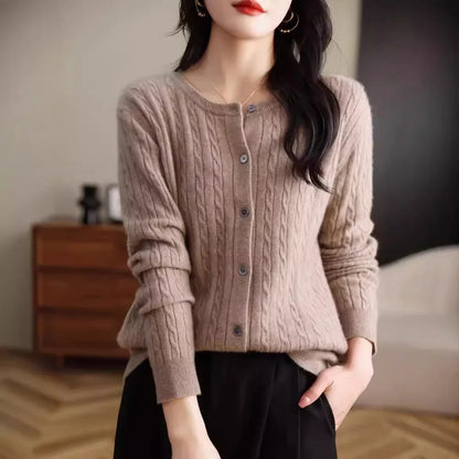 Long Sleeve Knitted O-neck Basic Thick Warm Cardigan