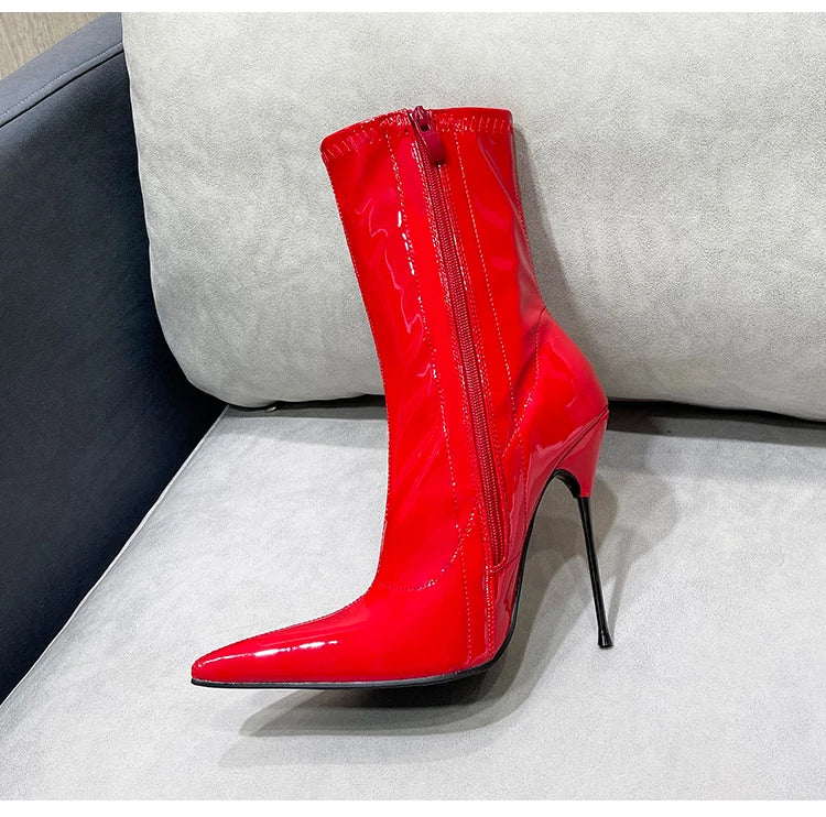Knee-High Pointy Toe Women Boots 13cm Ultra Thin Steel High Heels Metal Heel Patent Leather Wide Calf Boots for Women Plus Size NovaCart