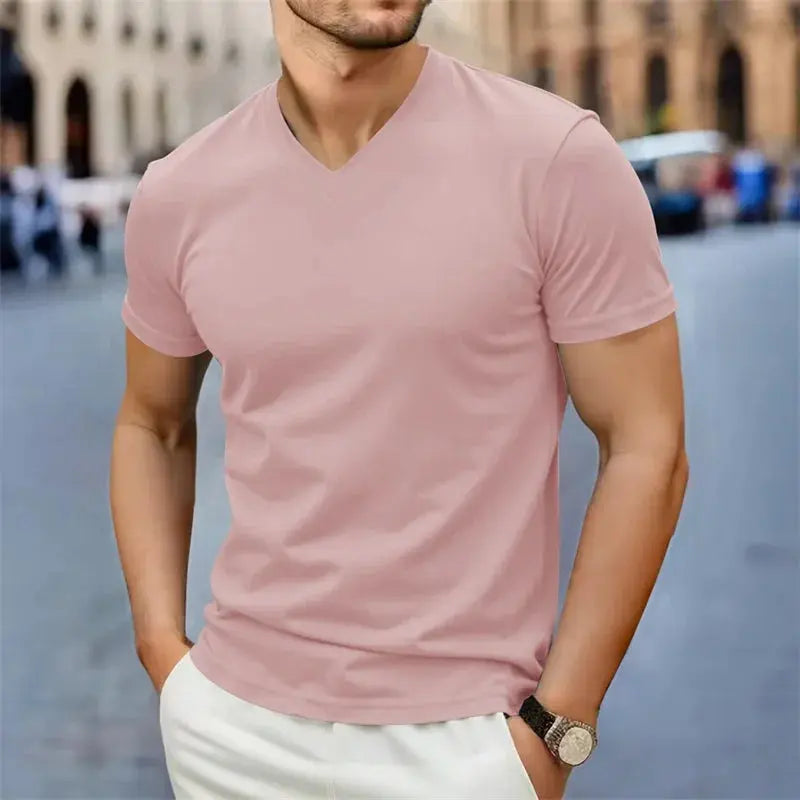 2025 New Men's Casual Fashion Simple V-neck Short Sleeved T-shirt Summer Comfortable Breathable Versatile Top NovaCart