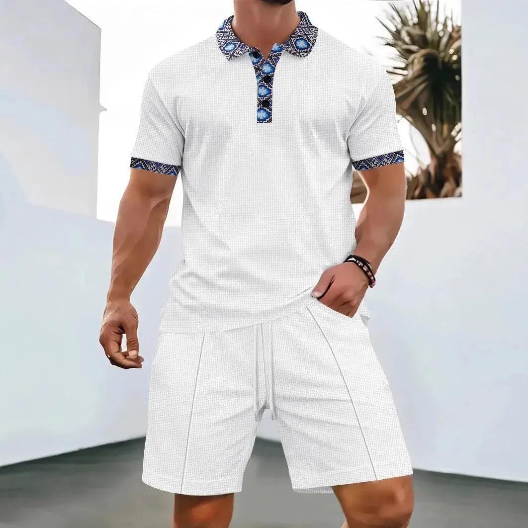 2025 Men Europe and the United States new summer Waffle solid color zip-up lapel short-sleeve suit shorts two sets NovaCart