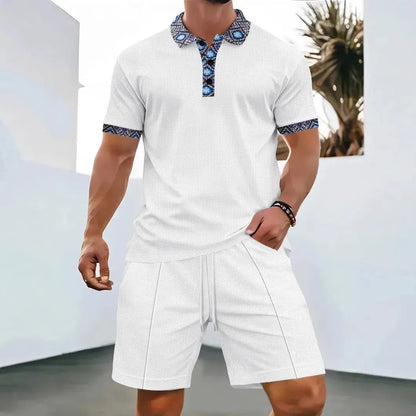 2025 Men Europe and the United States new summer Waffle solid color zip-up lapel short-sleeve suit shorts two sets NovaCart