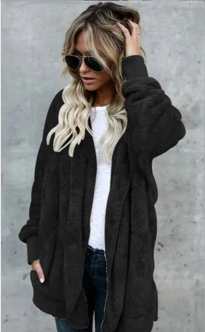 Double Fleece Plush Hooded Cardigan Jacket Women FitiqueFit