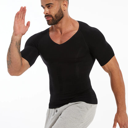 Men's Short Sleeve Compression T-Shirt V-neck Shapewear Tummy Control Flat Belly Tank Top Fitness Workout Slimming Body Shaper NovaCart
