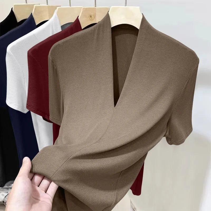 Threaded New Short Sleeved Top for Women Summer Fashion Versatile Base Shirt Plus Size Slim Fit V-neck T-shirt Casual and Sexy NovaCart