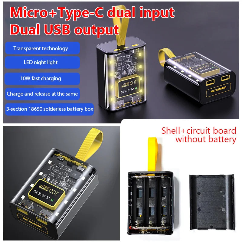 3*18650 Battery Charger Case DIY Power Bank Box Fast Charge 5V 2A Double USB Output Battery Storage Box With LED Night Light Pi-Mart