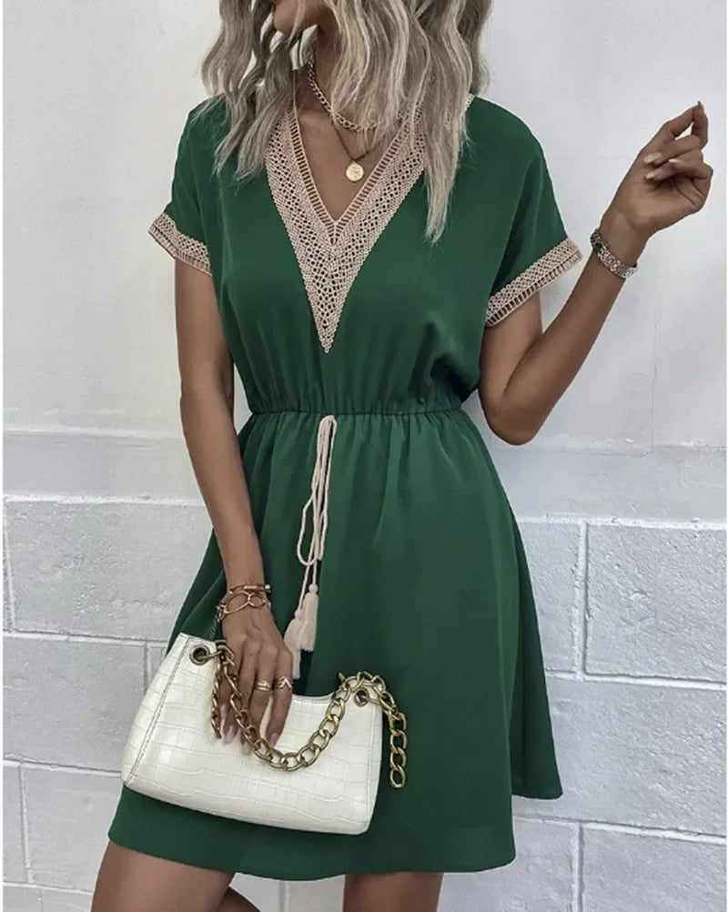 Short Sleeve V-neck Ruffle Waist Cross-border  Elastic Waist Dress