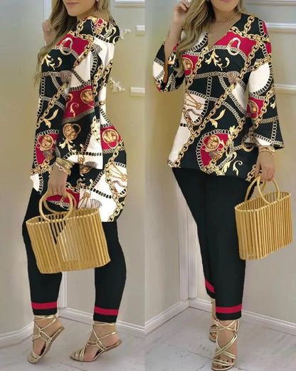 Long Sleeve V-neck Polyester Printing Two Pieces Sets