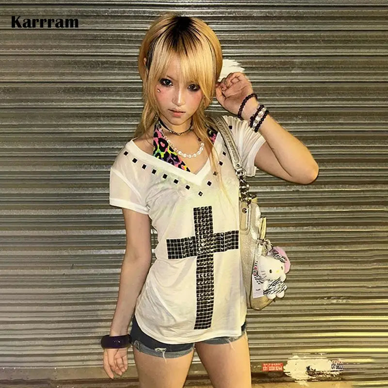 Karrram Japanese Y2k Metal Cross Print T-shirt Vintage Harajuku Short Sleeve Sheer Tops Trashy 2000s V-neck Streetwear Grunge NovaCart
