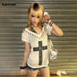 Karrram Japanese Y2k Metal Cross Print T-shirt Vintage Harajuku Short Sleeve Sheer Tops Trashy 2000s V-neck Streetwear Grunge NovaCart