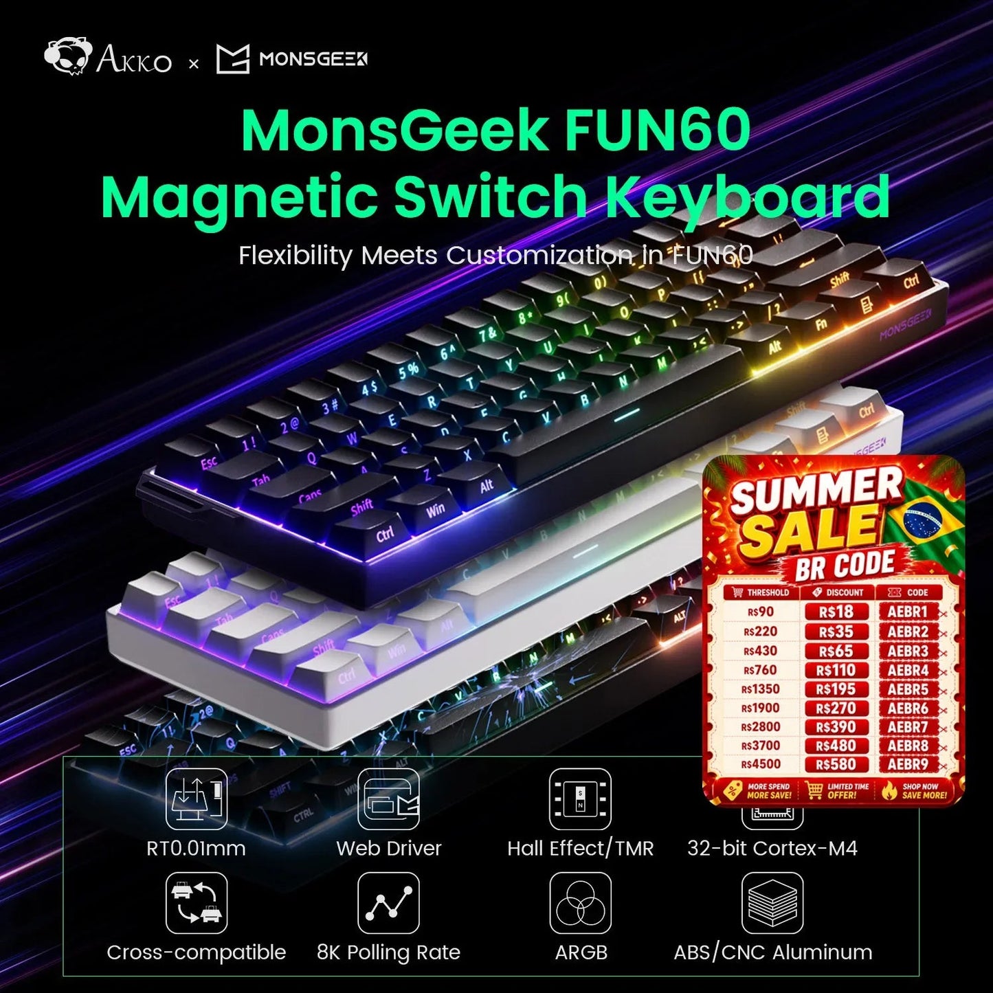 Akko MonsGeek FUN60 Mechanical Keyboard Magnetic Switch 60% Gaming Keyboards Rapid Trigger 0.01mm 8K ARGB HE/TMR Custom Keyboard Pi-Mart