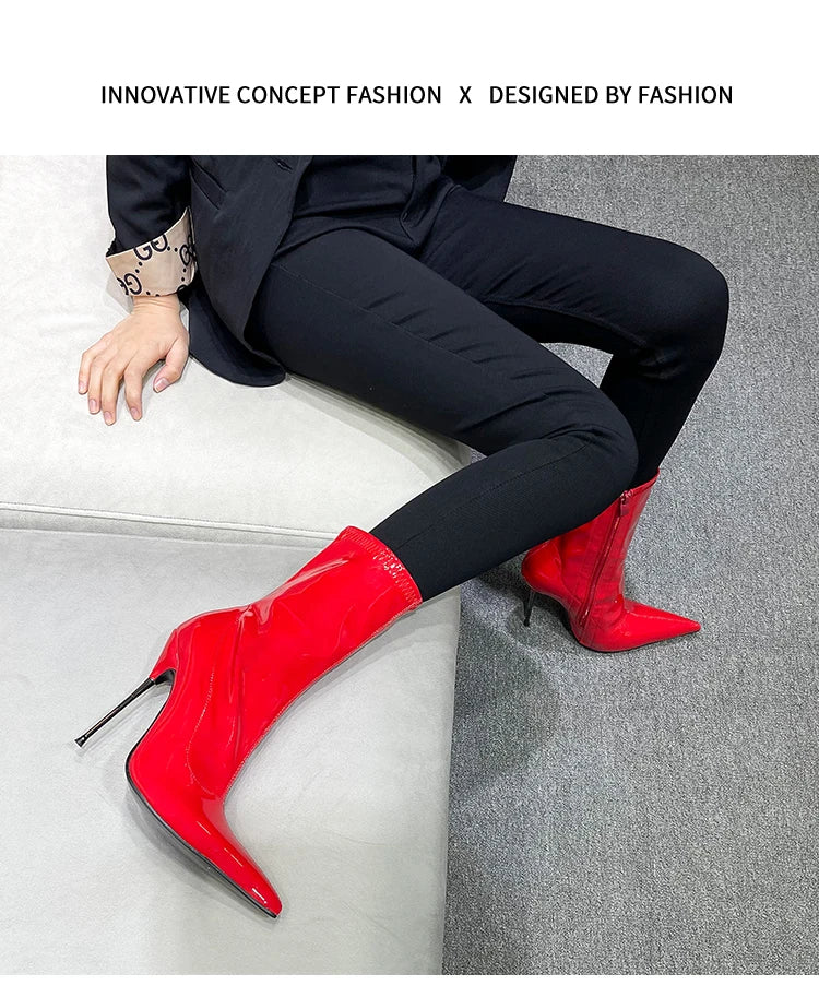 Knee-High Pointy Toe Women Boots 13cm Ultra Thin Steel High Heels Metal Heel Patent Leather Wide Calf Boots for Women Plus Size NovaCart