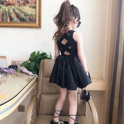 2024 Summer Girls Elegant Goth Dresss Black Sleeveless Tutu Dress Backless Off Shoulder Party Kid Dresses 2 4 5 6 7 8 Years Old NovaCart