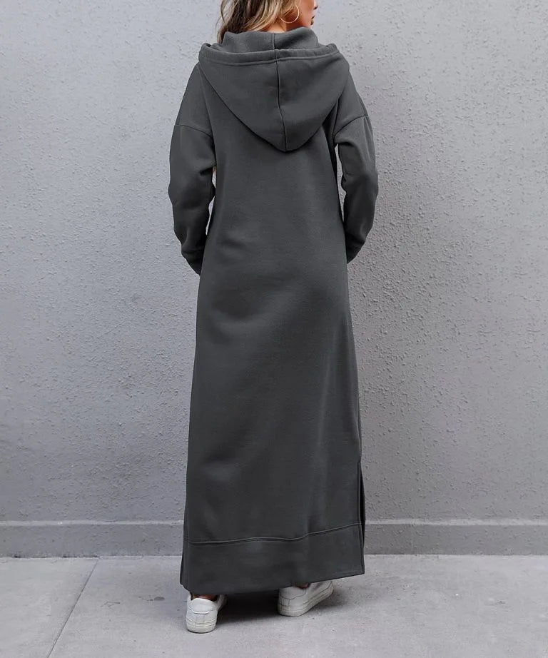 Hoodies Dress For Women Fashion 2025 Hem Lace-up Midi Robe Hooded Long Dress Autumn Winter Warm Casual Loose Sweatshirt Vestidos NovaCart