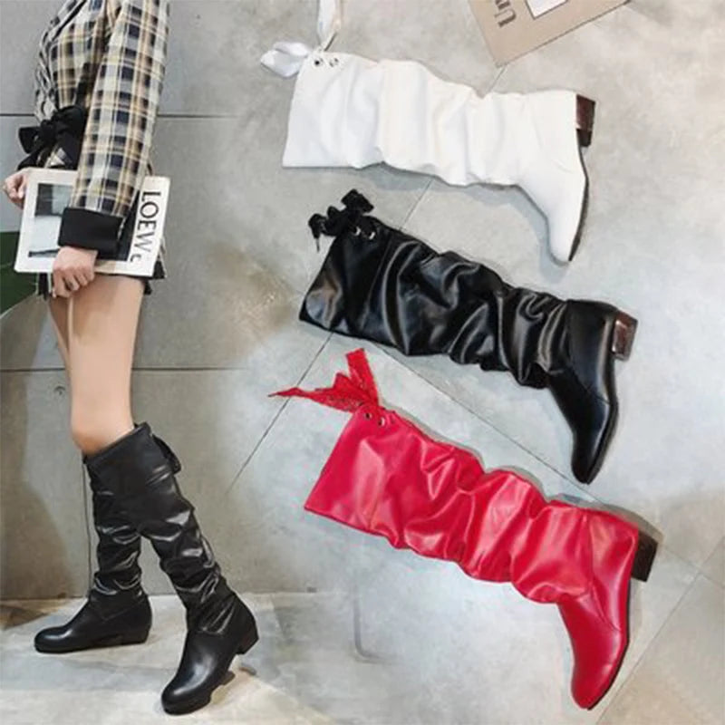 2024Shoes For Women  Knee High Boots Red Black White Tall Boots Woman Pleated Low Heel Casual Leather Female Long Shoes NovaCart