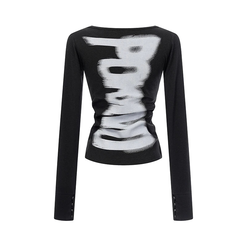 Tonngirls American Retro Print T-shirt Women Long Sleece Button Graphic Tops Y2k Tops 2000s Japanese Grunge Tops E-girls Autumn NovaCart