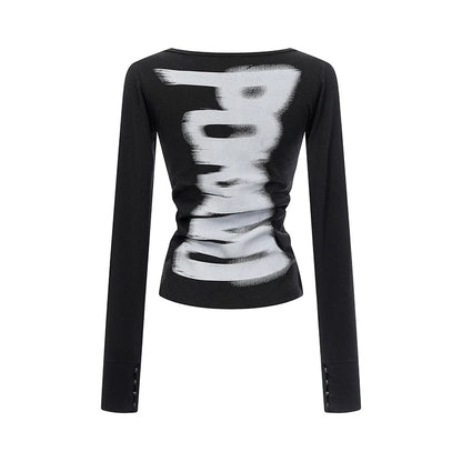 Tonngirls American Retro Print T-shirt Women Long Sleece Button Graphic Tops Y2k Tops 2000s Japanese Grunge Tops E-girls Autumn NovaCart