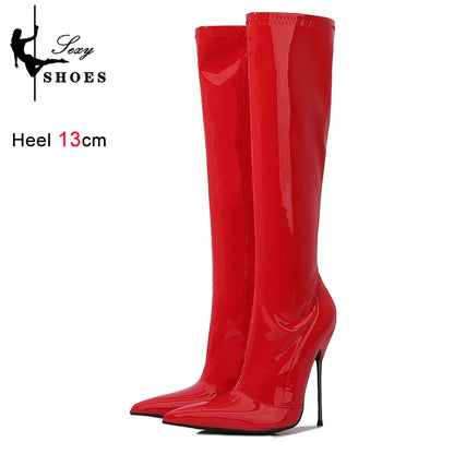 Knee-High Pointy Toe Women Boots 13cm Ultra Thin Steel High Heels Metal Heel Patent Leather Wide Calf Boots for Women Plus Size NovaCart