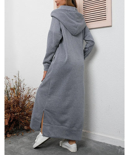 Hoodies Dress For Women Fashion 2025 Hem Lace-up Midi Robe Hooded Long Dress Autumn Winter Warm Casual Loose Sweatshirt Vestidos NovaCart