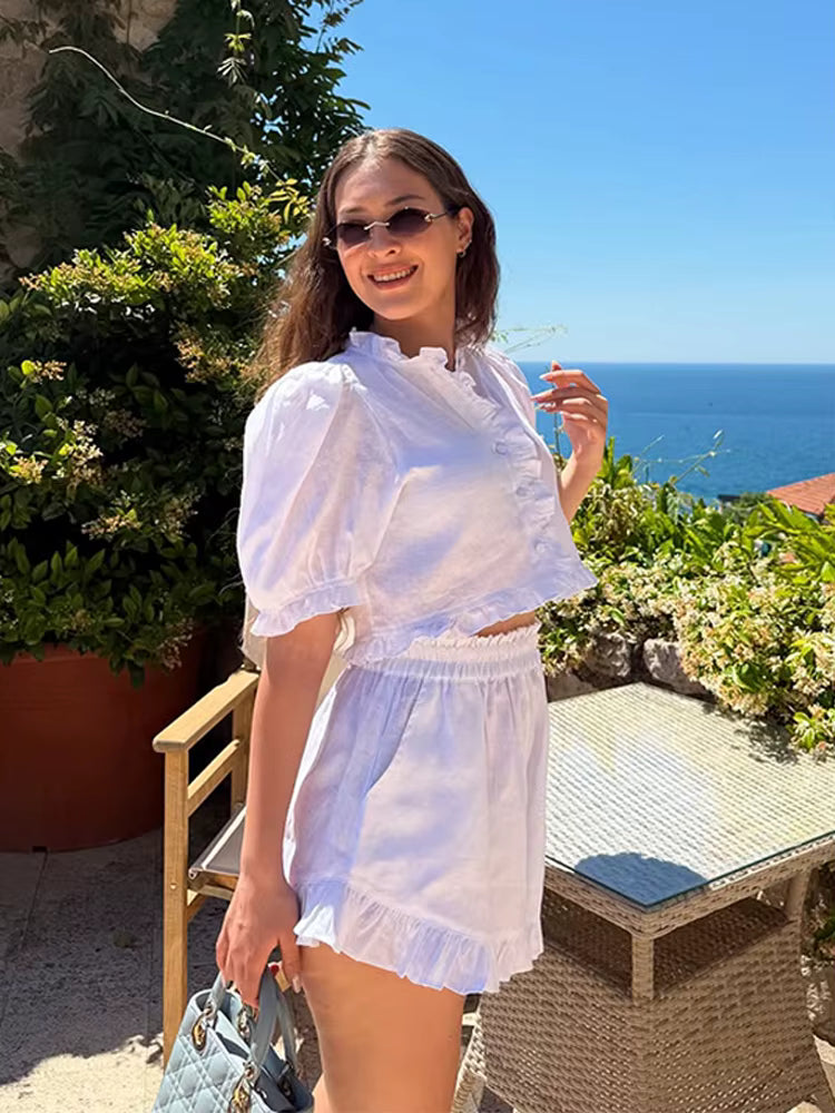 Women's Ruffled Linen-Blend Cropped Blouse & Shorts Set FitiqueFit