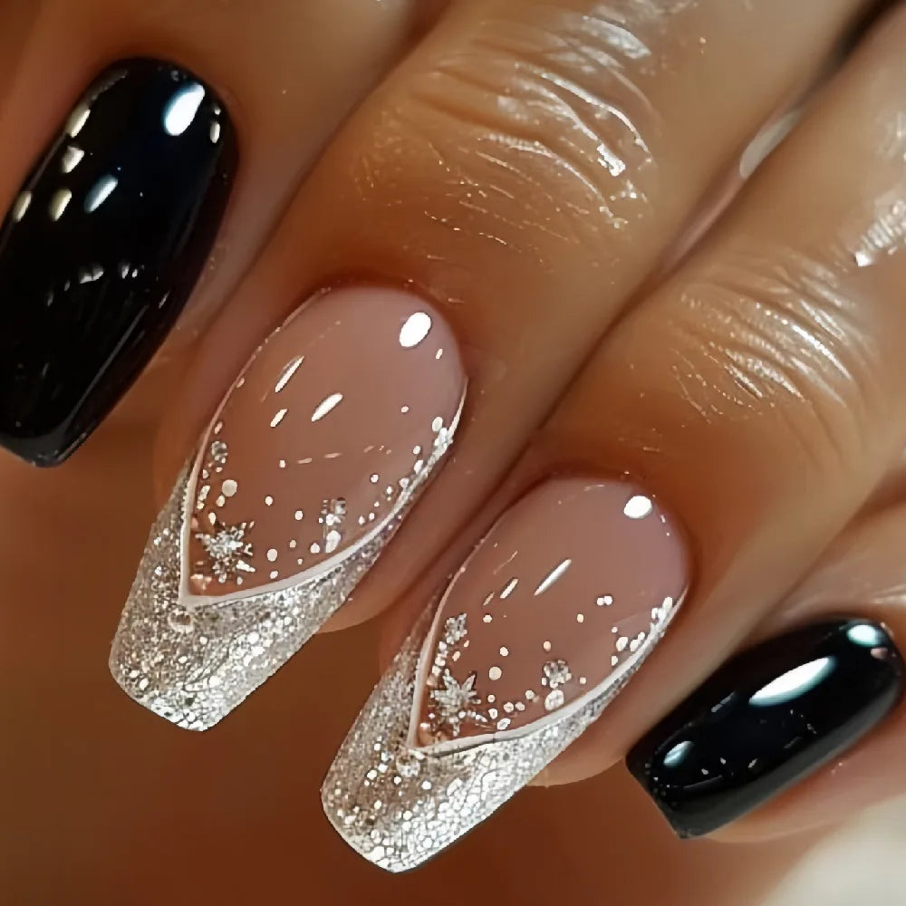 24Pcs Short Square Coffin False Nails Square Fake Nails with Glue French Glitter Wearable Acrylic Nails Set Press on Nail Tips NovaCart