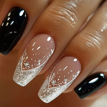 24Pcs Short Square Coffin False Nails Square Fake Nails with Glue French Glitter Wearable Acrylic Nails Set Press on Nail Tips NovaCart