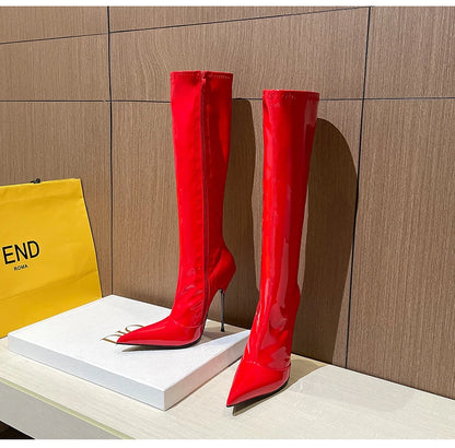 Knee-High Pointy Toe Women Boots 13cm Ultra Thin Steel High Heels Metal Heel Patent Leather Wide Calf Boots for Women Plus Size NovaCart