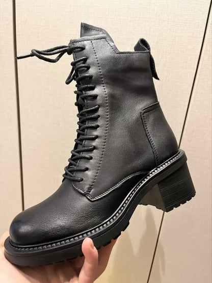 Birkuir Winter Plush Warm Boots Genuine Leather Women Snow Boots 6cm Thick Heel Shoes Handmade Side Zip Leisure Platform Boots NovaCart