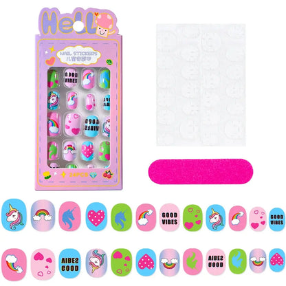 24Pcs/box Kids nails for Girl Cartoon Pattern False Nail Cute Child Fake Nails Tips Kawaii Acrylic Artificial Press on Nail+Tool NovaCart
