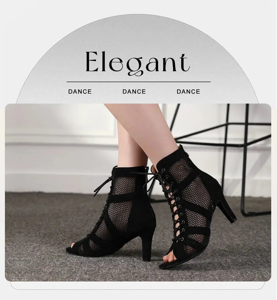 Women Latin Dance Shoes Black Boots High-Top High Heels Salsa Sandals Mesh Tango Boots Ladies Woman Party Ballroom Dance Shoes NovaCart