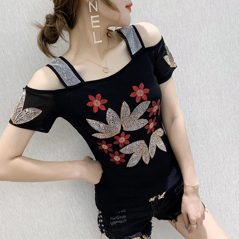 Women's Clothes New Design Sexy Off Shoulder Shiny Diamonds T-Shirts Luxury Brand Mesh Tees Tops Blouse Shirt NovaCart