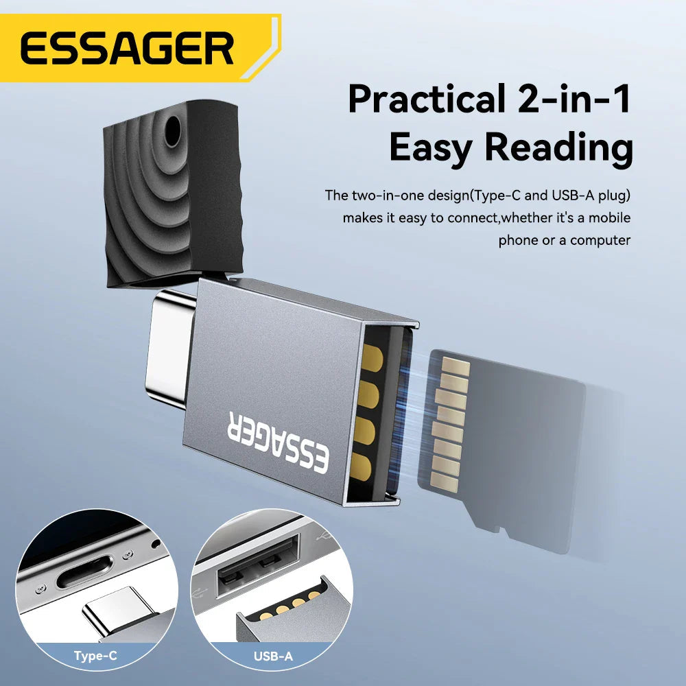 Essager 2-in-1 Mini Type C USB2.0 Card Reader Adapter Micro SD TF Memory Card Reader for iPhone 16 15 Pro Huawei Macbook iPad Pi-Mart
